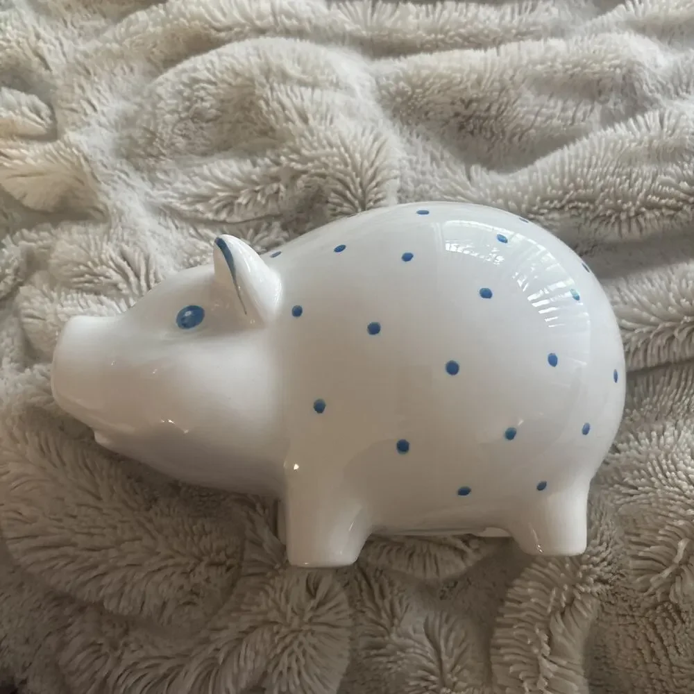 Tiffany & Co. Handpainted Ceramic Piggy Bank White Blue Polka Dots (Retired)